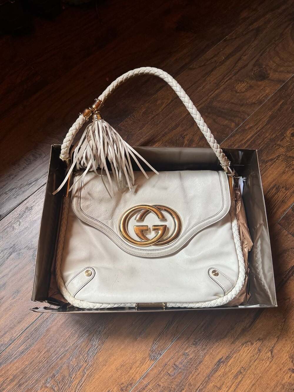 Gucci Cream Leather Medium Britt Tassel Hobo